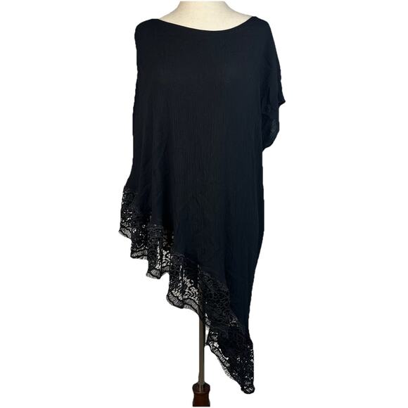 Black Pleated Asymmetrical Shawl Lace Trim Size L Floral Off The Shoulder - Picture 3 of 8